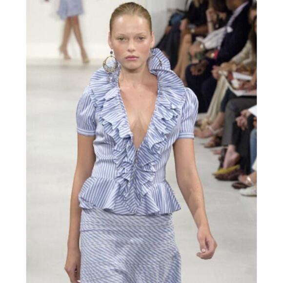 Ralph Lauren Collection Purple Label Blue Pinstripe Ruffle Silk Blouse Runway L - Picture 2 of 12